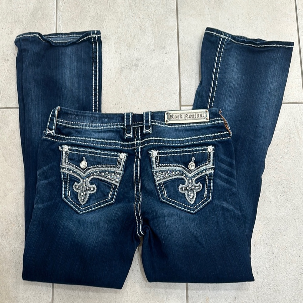 Rock Revival Blue Boot Cut Jeans with Decorative Stitching